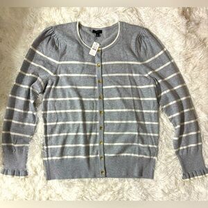 Talbots NWT Gray White Striped Ruffle Long Sleeve Cardigan Gold Buttons Size L